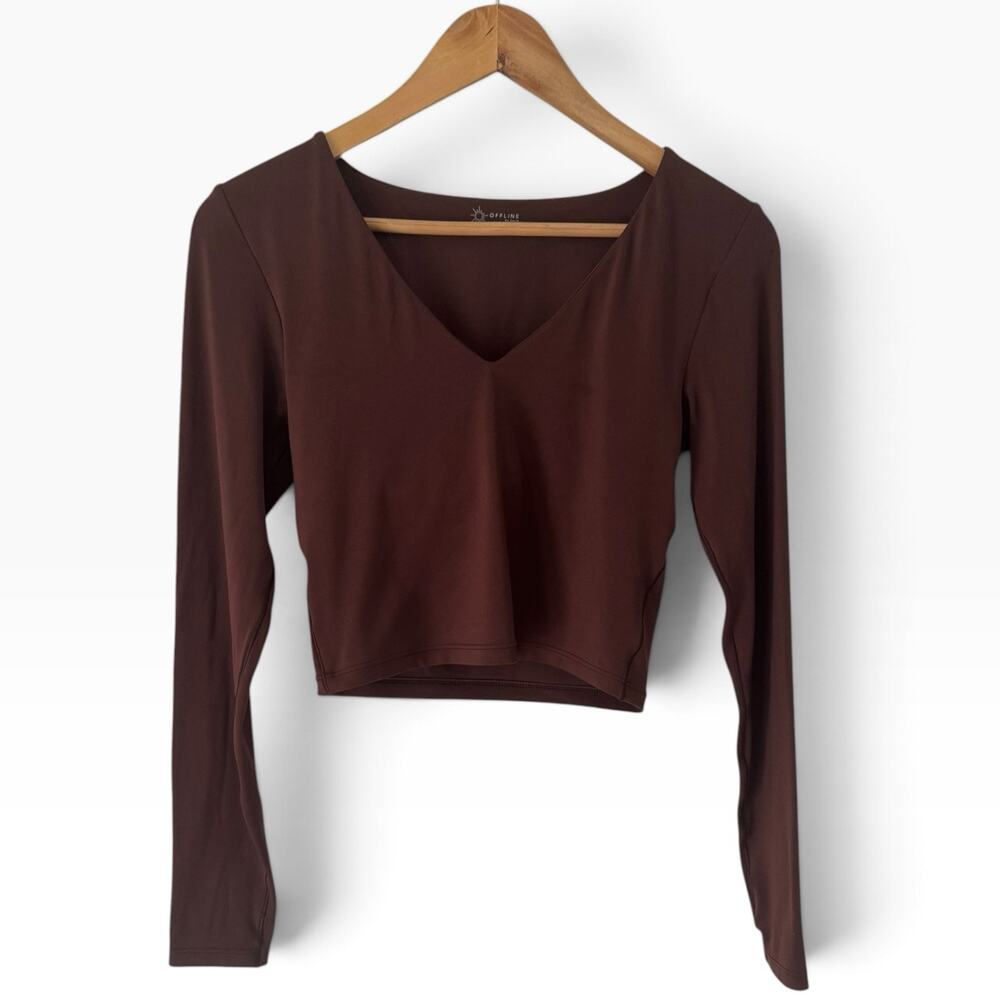 Offline By Aerie Chocolate Brown V Neck Long Sleeve Athletic Crop Top Medium
